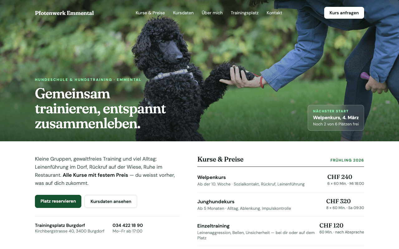 Beispielwebsite der Hundeschule Pfotenwerk Emmental mit Kursen und Preisen