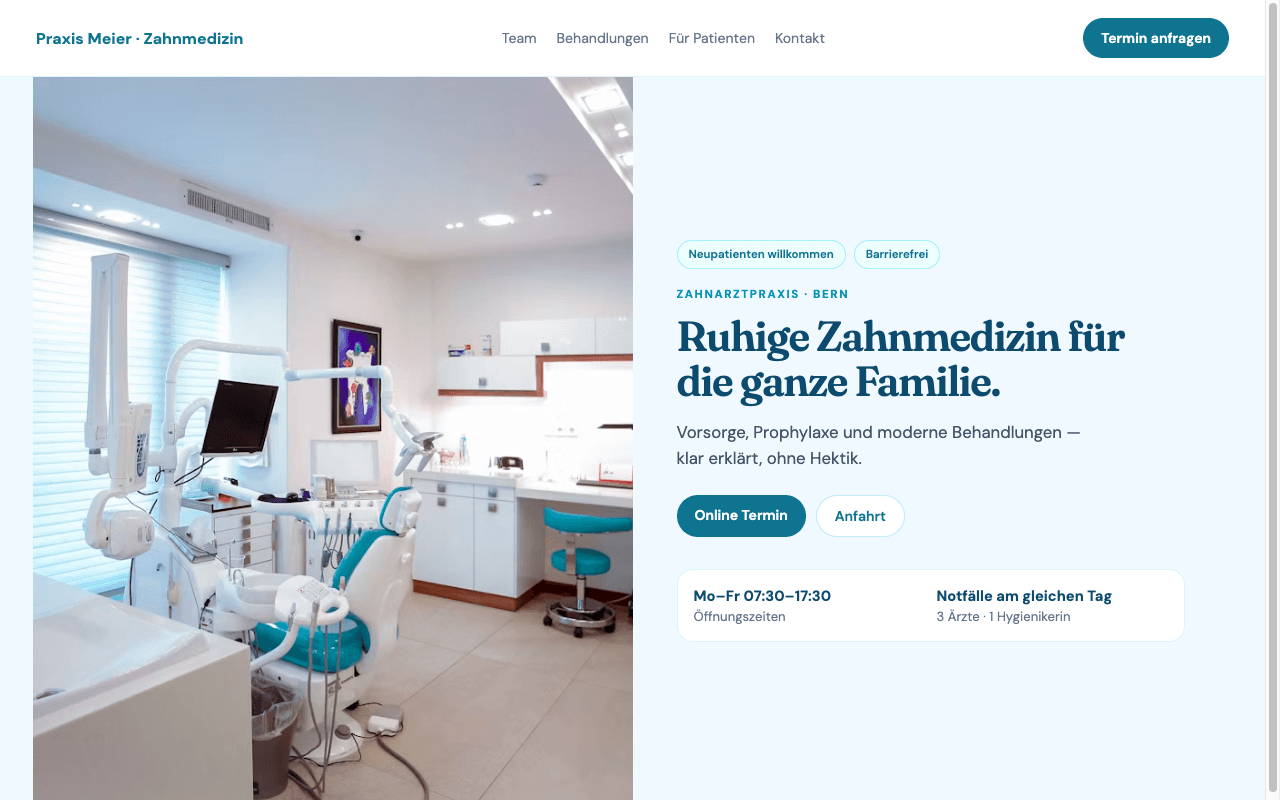 Beispielwebsite der Zahnarztpraxis Praxis Meier in Bern