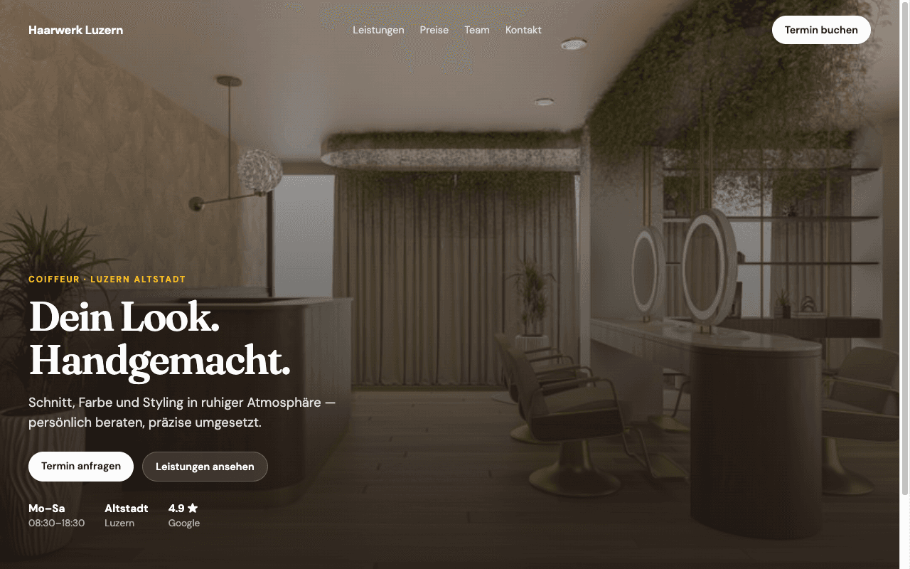 Startseite einer Coiffeur-Website mit Leistungen und Preisen