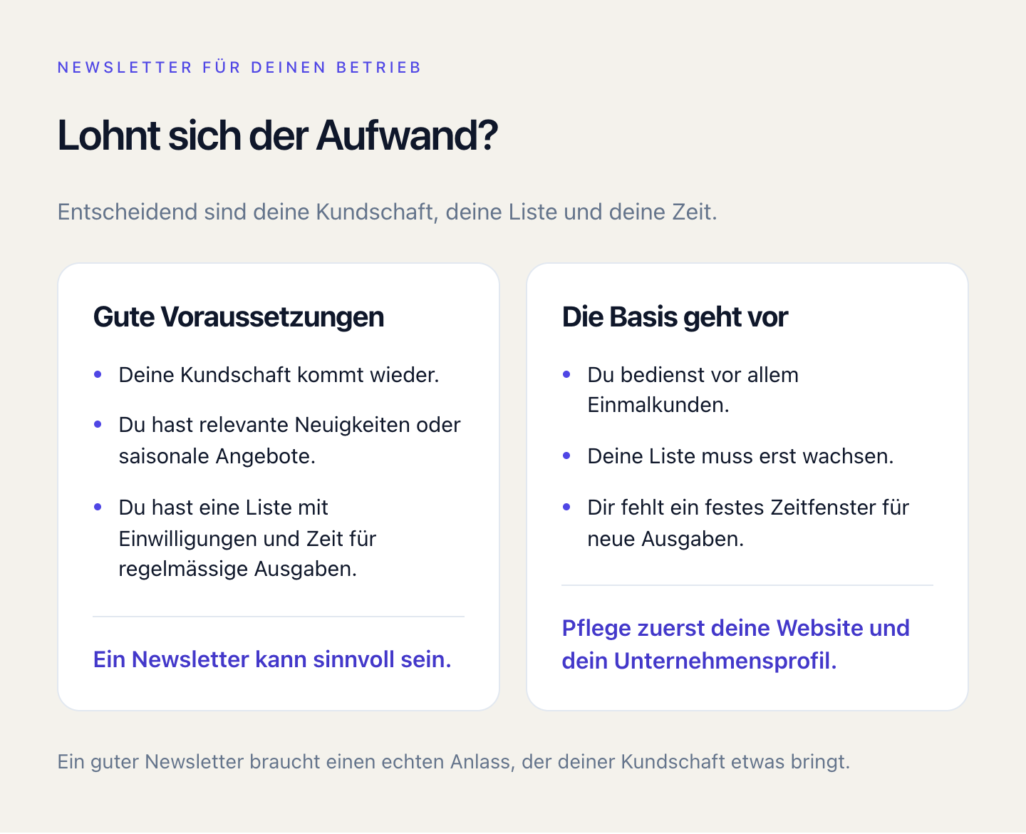 Ein Newsletter lohnt sich bei wiederkehrender Kundschaft, relevanten Inhalten, einer Einwilligungsliste und Zeit für regelmässige Ausgaben.