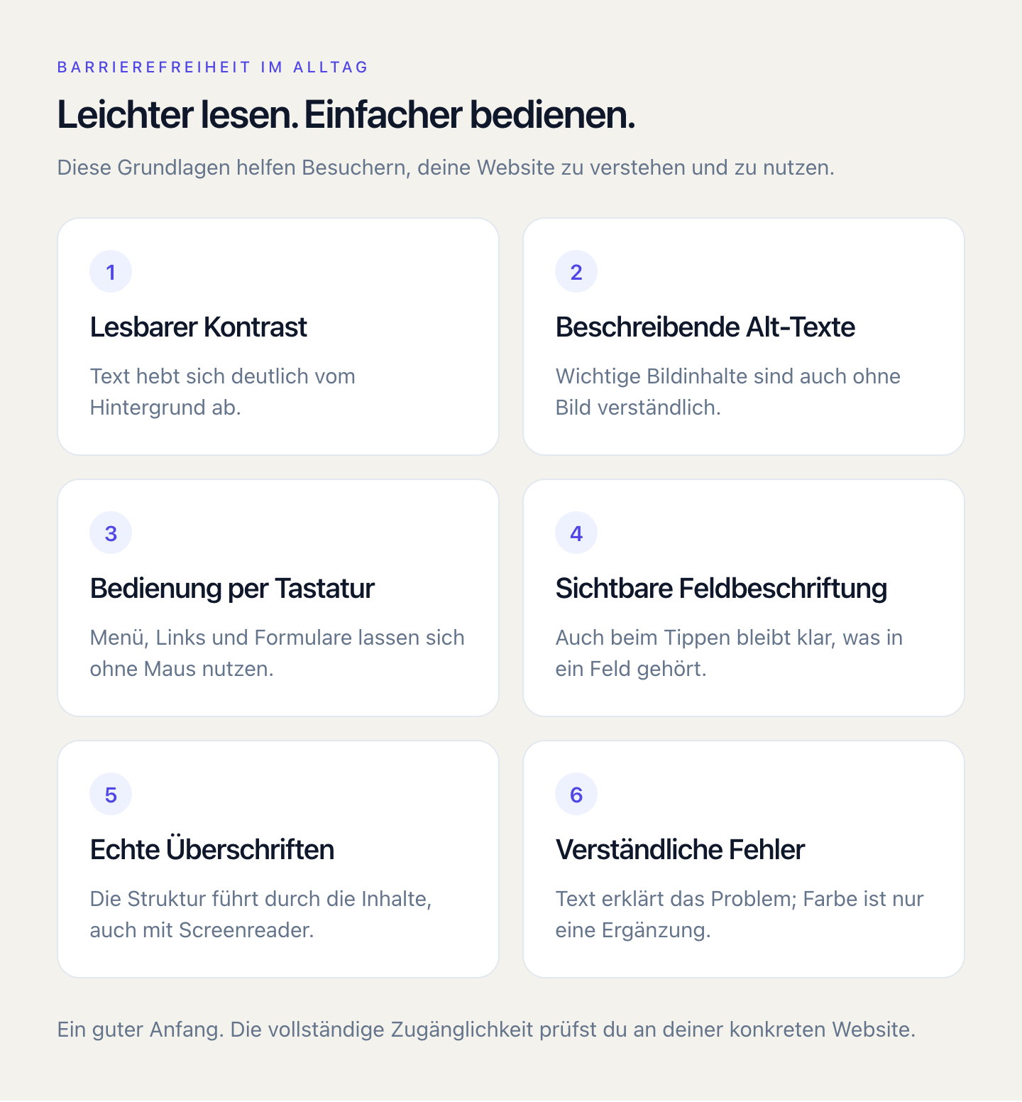 Kontrast, Alt-Texte, Tastaturbedienung, Feldbeschriftungen, Überschriften und verständliche Fehler erleichtern die Nutzung deiner Website.